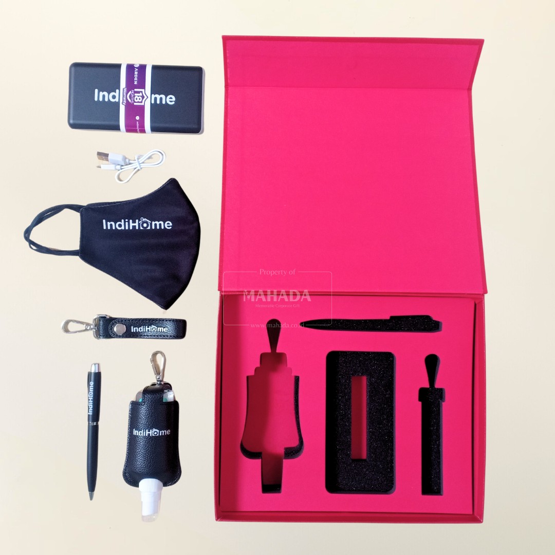 Gift Set 5 Item Custom Souvenir Instansi Packaging Hardbox Dengan Powerbank, Masker, Gantungan Kunci, Pulpen dan Hand Sanitizer