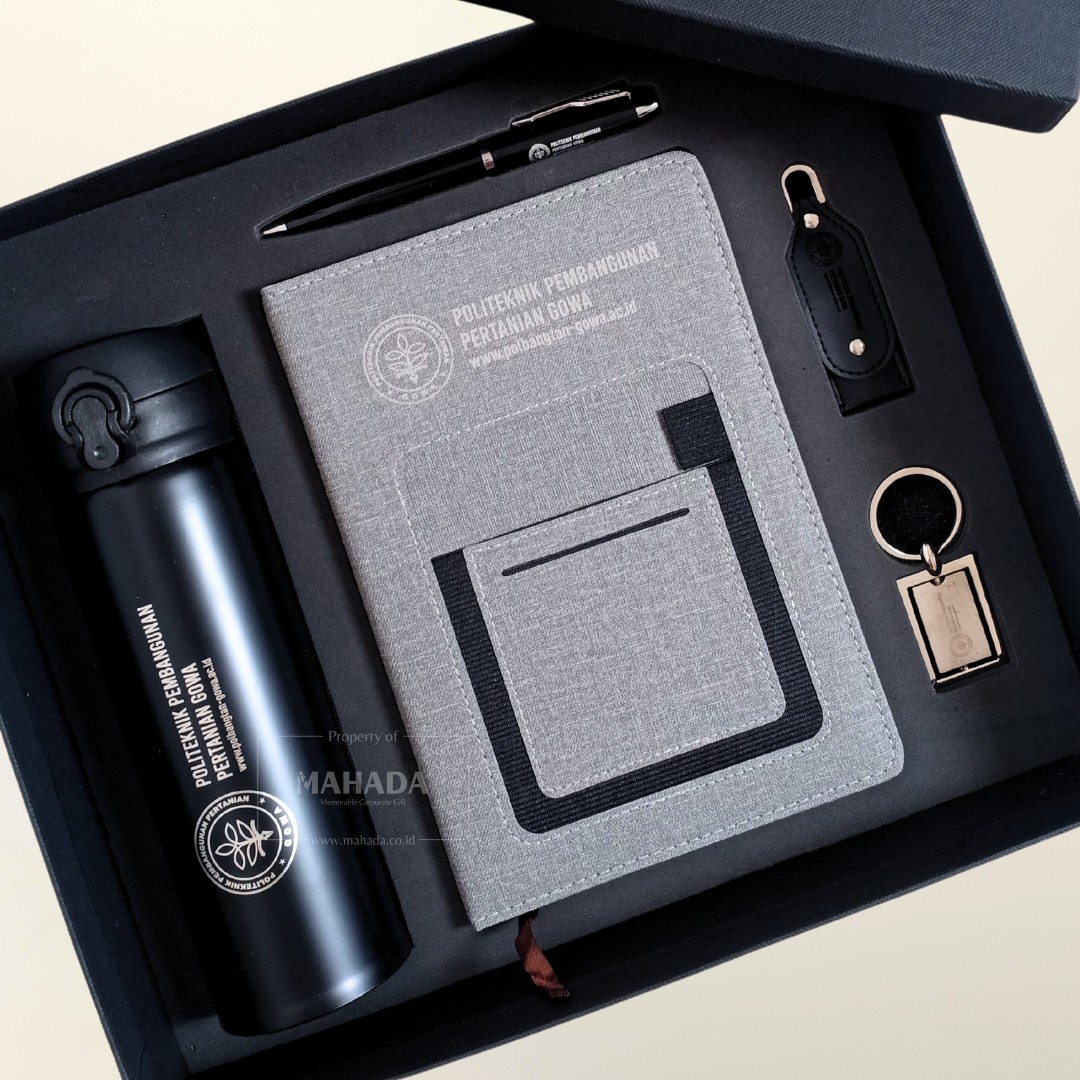 Gift Set 5 Item Custom Souvenir Perusahaan Packaging Hardbox Dengan Gantungan Kunci, Tumbler, Buku Agenda, Pulpen dan Flashdisk